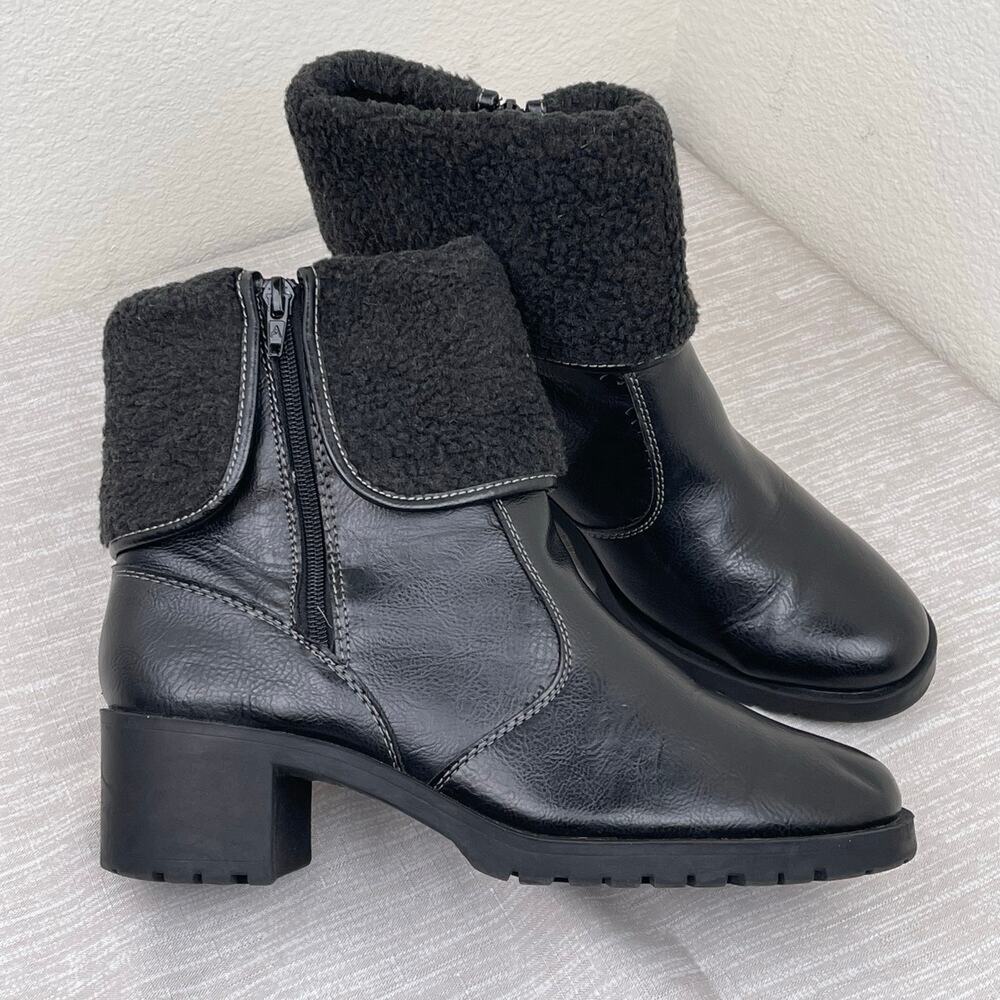 Aerosoles Women Ankle Boots Size 9.5 Black Leather Faux Fur Cuff Block Heel